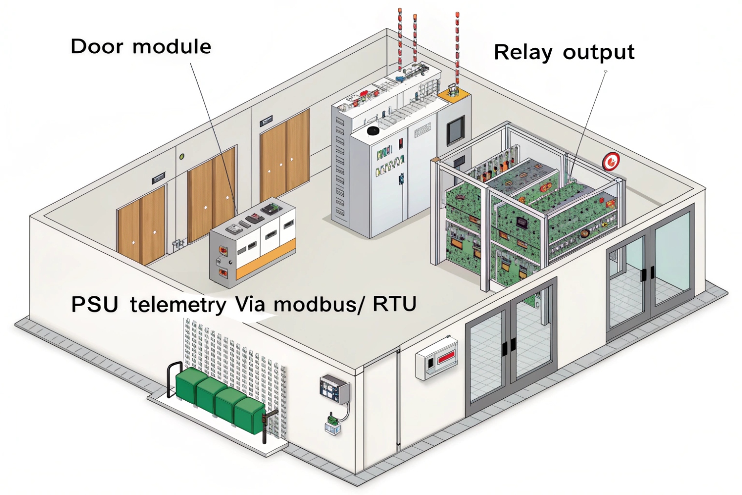 Modbus RTU control room with PSU telemetry door modules and relay outputs