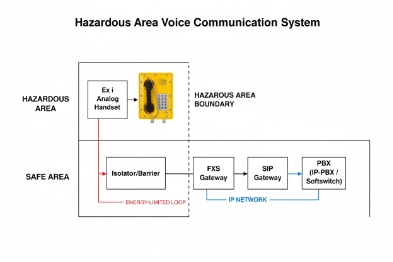 Hazardous area voice system diagram with Ex i handset, barrier, gateways, PBX