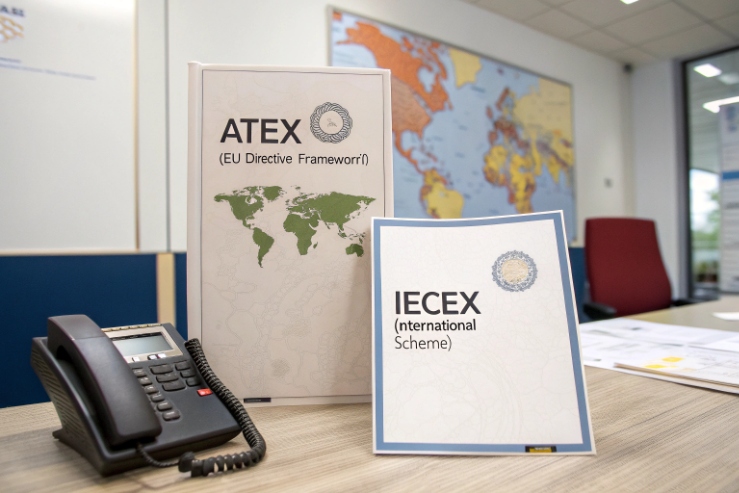 ATEX and IECEx certification documents beside an office VoIP desk phone