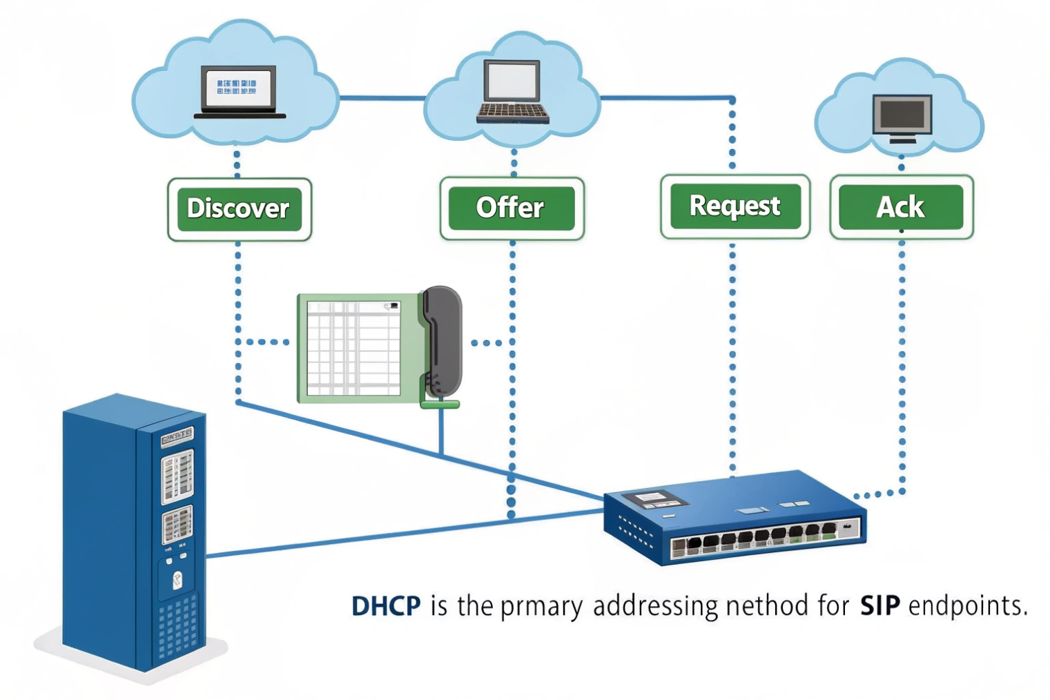 DHCP discover offer request ack sequence providing addresses to SIP endpoints