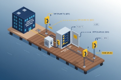 Dock communication network diagram with VLAN QoS and fiber uplink to SIP phones