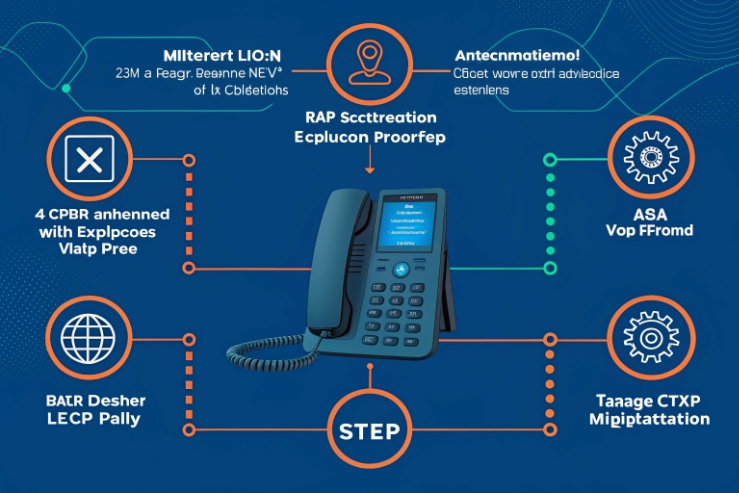 Infographic of SIP desk phone with compliance, interoperability, and network security workflow icons