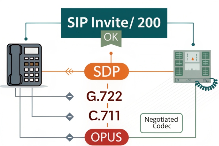 SIP INVITE 200 OK flow showing SDP codec negotiation between G.722 G.711 and OPUS