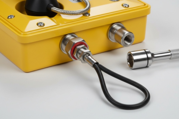 Close-up of explosion-proof enclosure showing cable gland, sealed connector, and stainless fittings