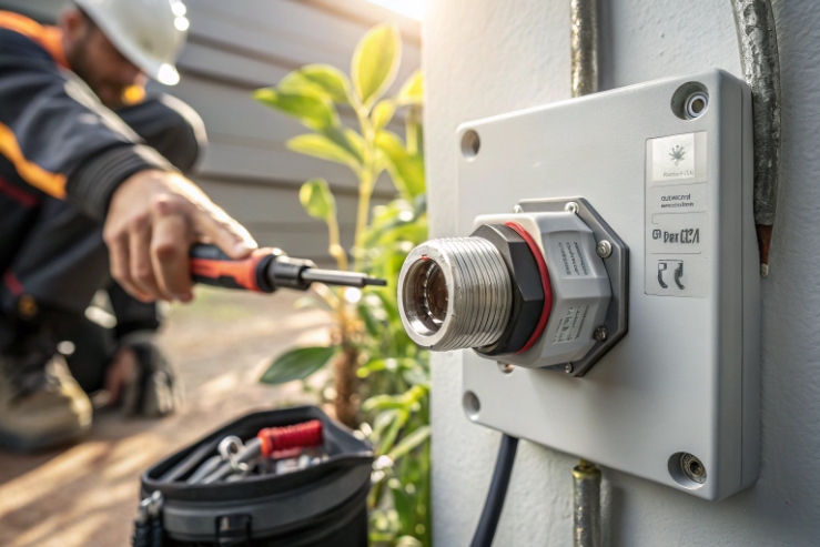 Technician installs Ex-certified cable gland on junction box for explosion-proof wiring entry.