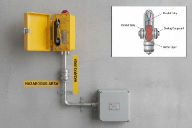 Explosion-proof phone with conduit sealing detail and junction box for hazardous area installation