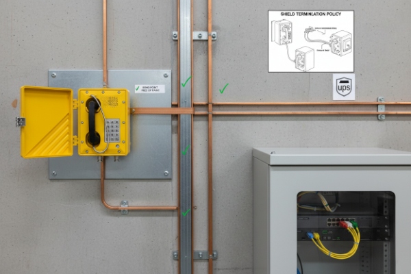 Explosion-proof wall phone installation showing shielded cabling, conduits, and UPS control cabinet