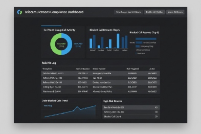 Telecommunications compliance dashboard with call activity charts, blocked calls, and audit logs