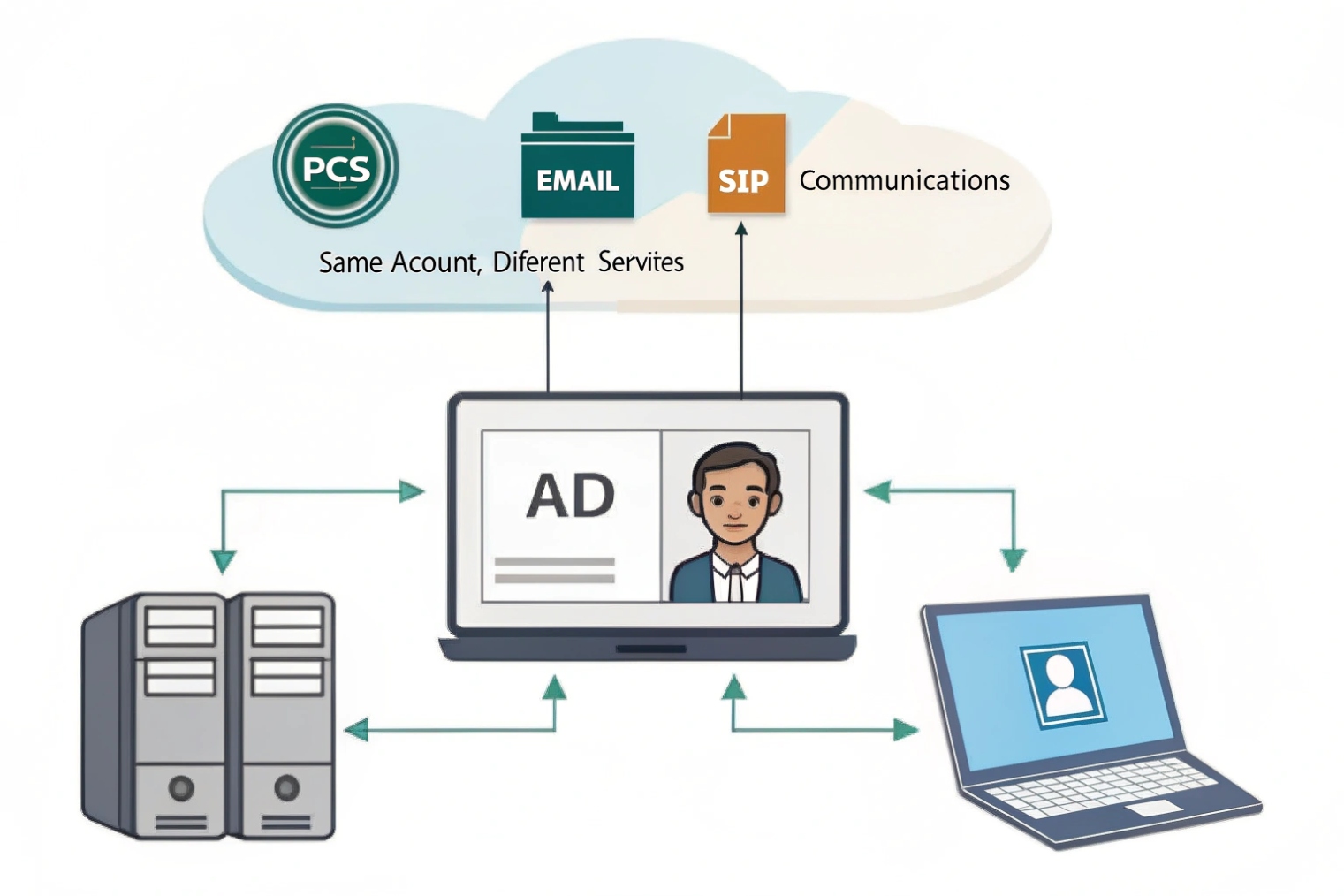 Centralized Active Directory account feeding PCS, email, and SIP communications services in the cloud, synchronized with on-prem servers and user laptops