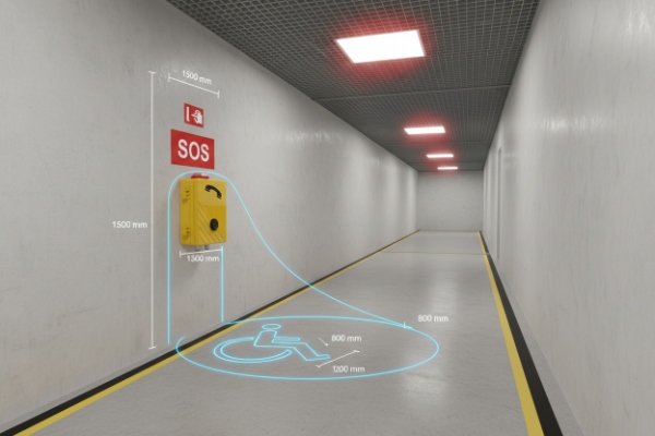 SOS intercom mounted in hallway with accessibility clearance measurements and wheelchair symbol