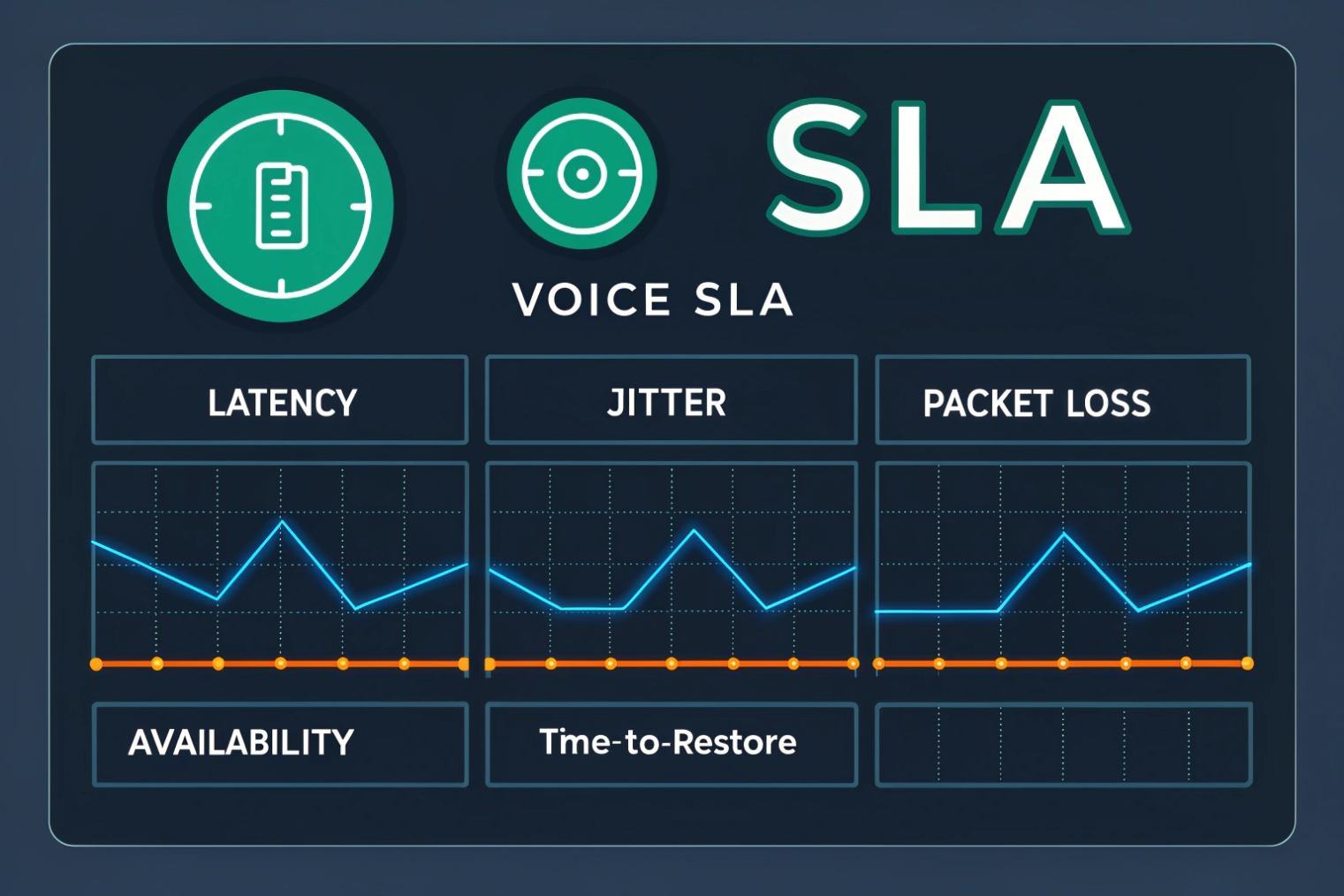 Voice SLA dashboard tracking latency, jitter, packet loss, availability and time to restore