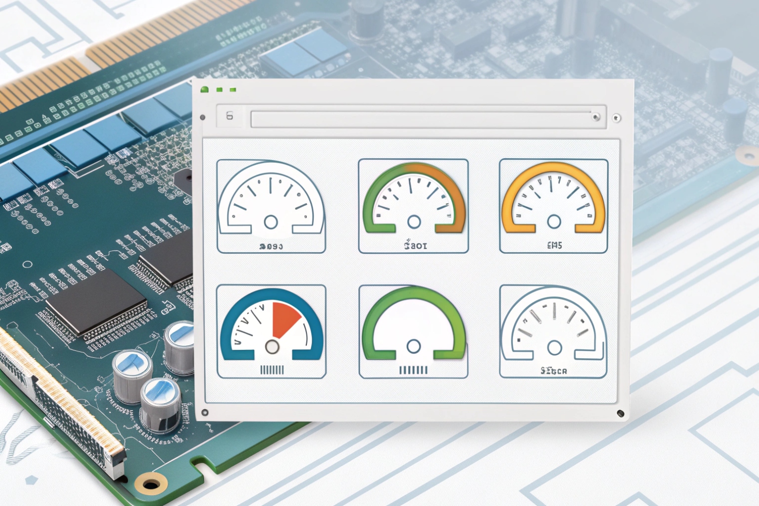 Hardware monitoring dashboard gauges over network accelerator PCIe card illustration