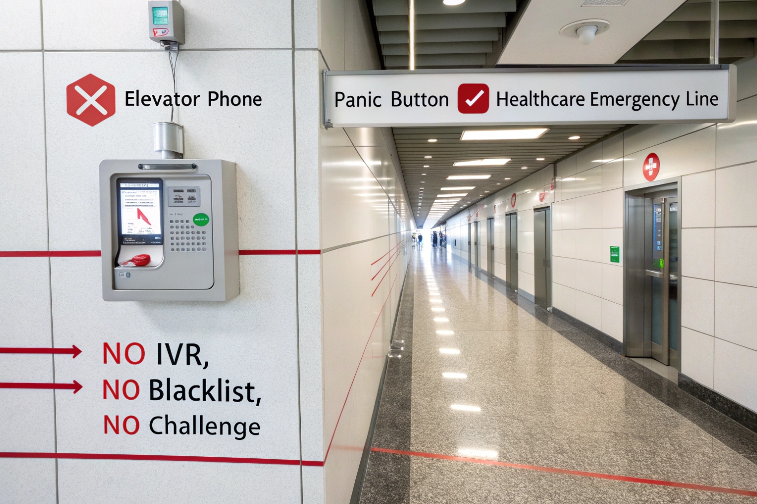 Hospital corridor with elevator emergency phone labeled no IVR, no blacklist, no challenge next to signage for panic button and healthcare emergency line