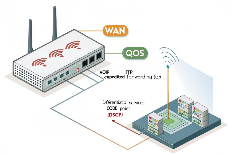 Wi-Fi router with WAN and QoS labels marking VoIP traffic using DSCP for expedited forwarding to a server farm
