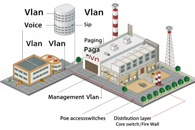 Plant VLAN architecture showing voice, SIP, paging, and management with PoE switches