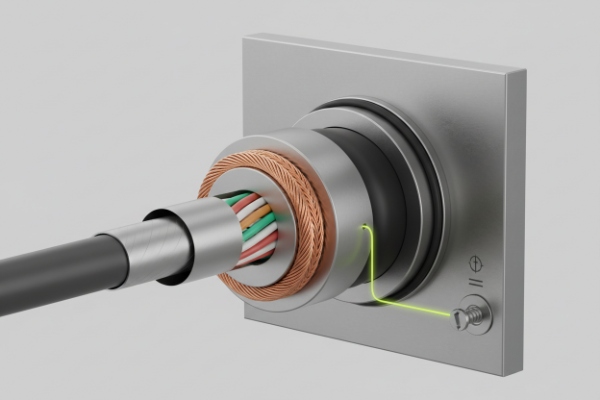 3D render of EMC cable gland grounding braid and O-ring sealing for outdoor SIP wiring