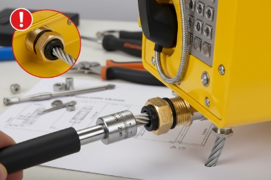 Technician torques cable gland connector on explosion-proof SIP phone for sealed installation