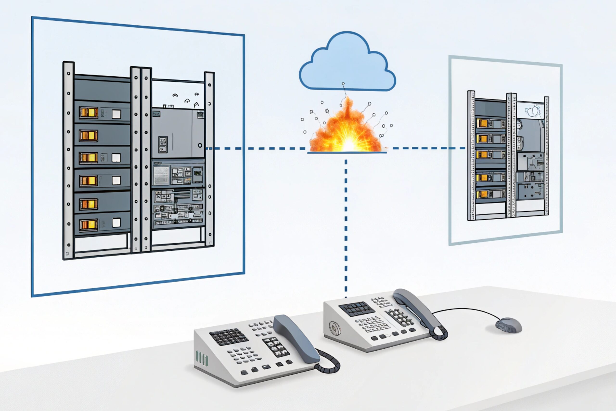 Disaster recovery diagram with redundant server racks and VoIP consoles during cloud outage
