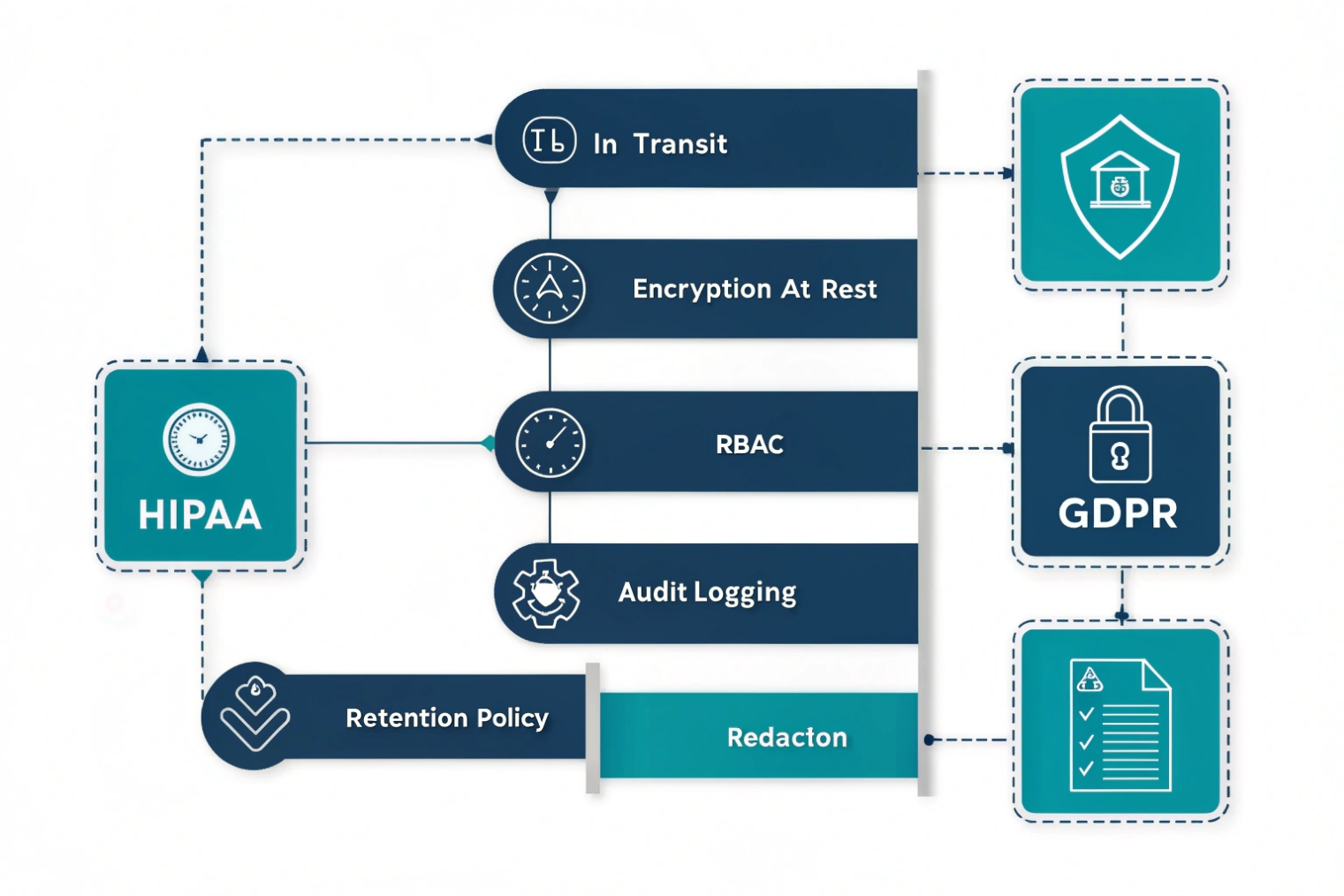 Compliance architecture showing HIPAA on the left, GDPR on the right, and controls in the middle: encryption in transit and at rest, RBAC, audit logging, retention policy, and redaction