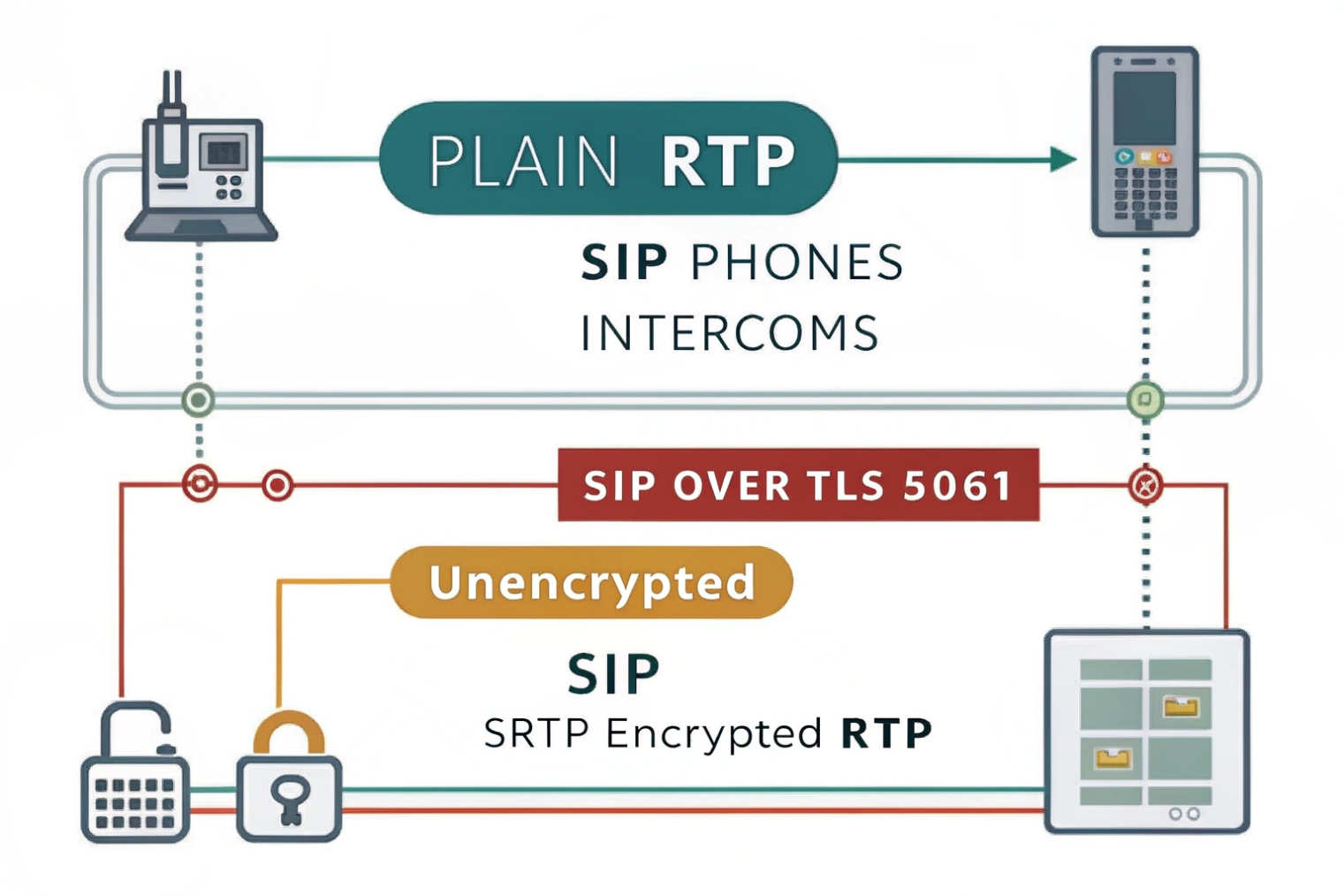 Comparison of plain RTP versus SIP over TLS with SRTP encrypted media for SIP phones and intercoms
