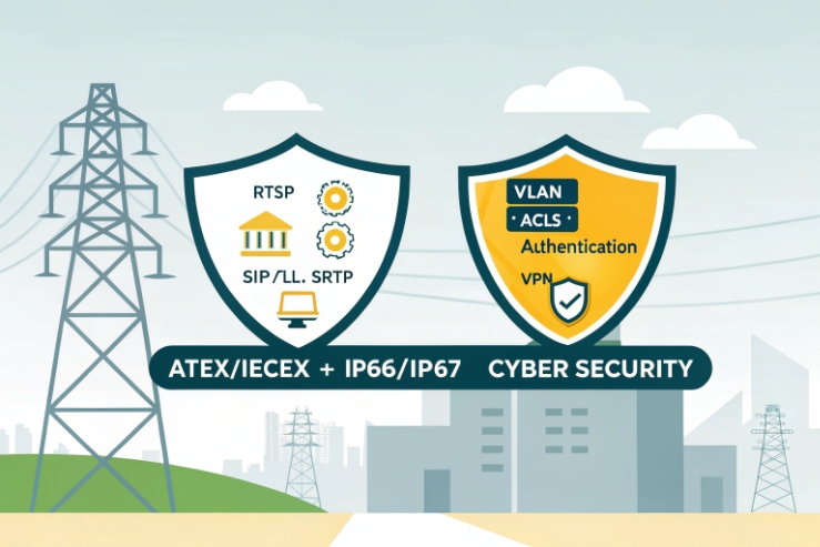 Security-themed graphic with shields listing RTSP/SIP/SRTP and network controls (VLAN, ACLs, authentication, VPN) alongside ATEX/IECEx + IP66/IP67