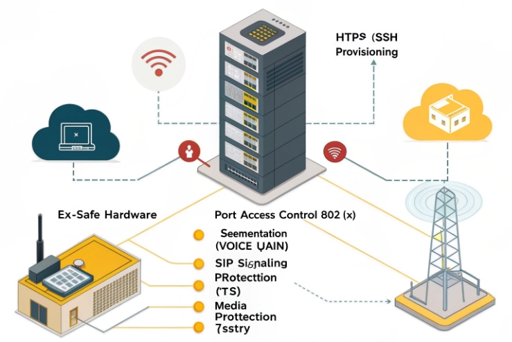 Secure industrial SIP network diagram with 802.1X, HTTPS provisioning, and media protection