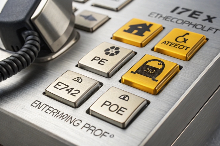 Macro close-up of rugged device buttons/keys highlighting PoE and ATEX/IECEx-style compliance icons on a metal surface.