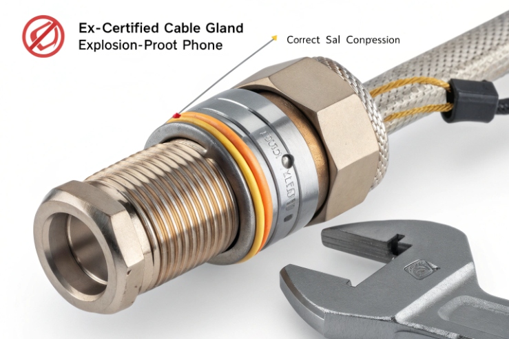 Ex-certified cable gland ensures sealed wiring entry for explosion-proof industrial telephone.
