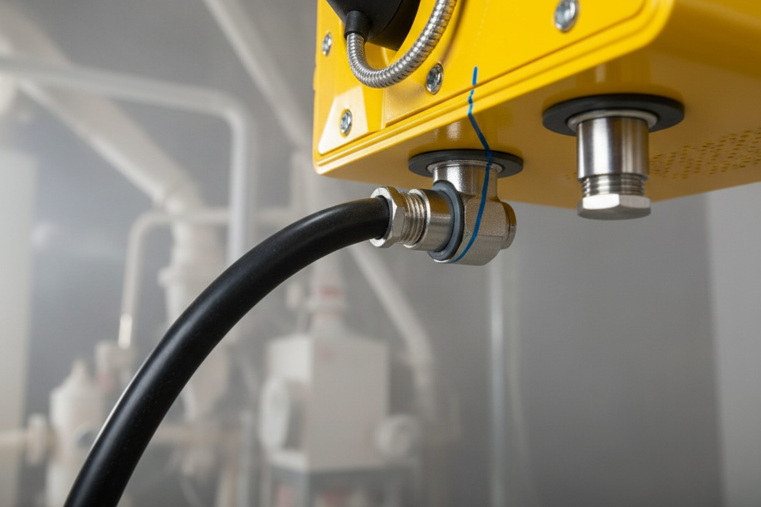 Sealed cable gland connection on Ex SIP phone showing dust-tight entry and strain relief