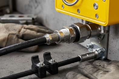 Technician tightens armored cable gland on explosion-proof telephone for sealed installation