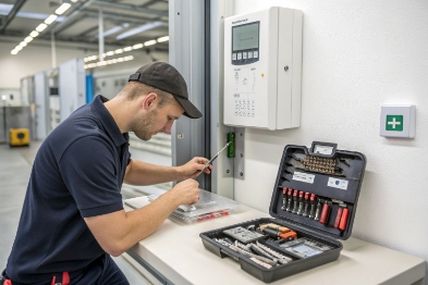 Technician using tools to service/terminate wiring at a wall-mounted access control or intercom panel; open toolkit and spare parts laid out on a workbench