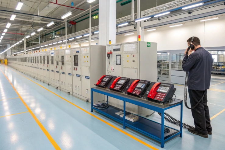 Factory line with red industrial phones and technician making a dispatch call