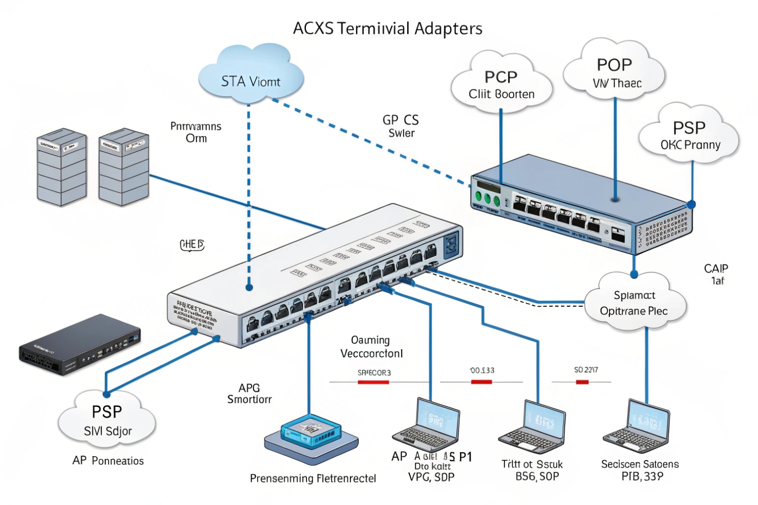 ACXS terminal adapters connecting servers, cloud platforms and laptops through Ethernet ports