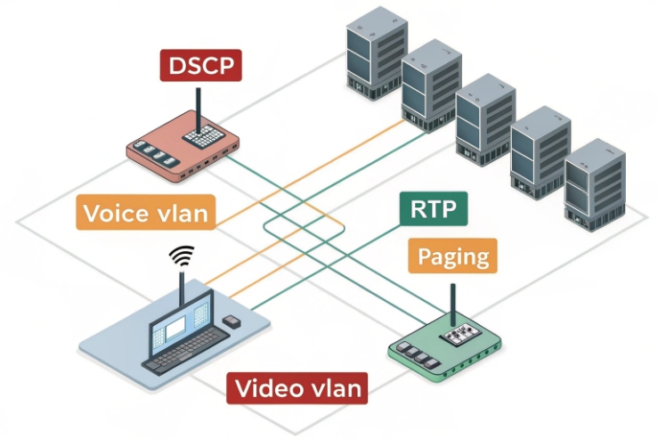Voice VLAN network diagram with DSCP marking, RTP paging, and video VLAN separation.