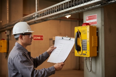 Technician verifies EX hotline phone installation with checklist in plant corridor