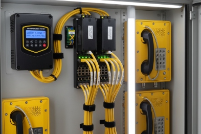 Control cabinet with PoE switch and two yellow EX SIP phones wired for redundancy