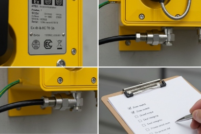 EX label, sealed cable gland, grounding, and installation checklist for hazardous phones