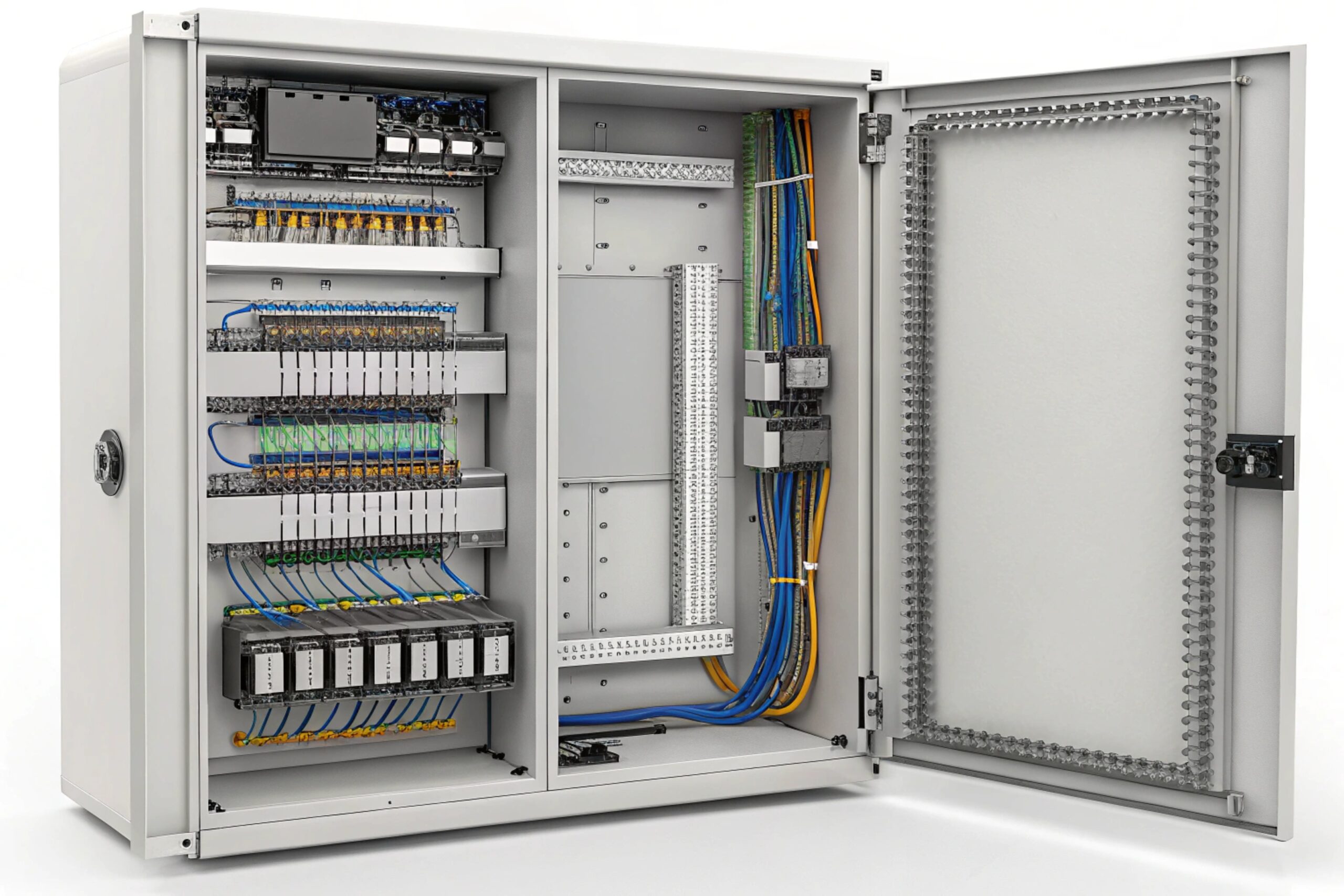 Industrial control cabinet with wiring terminals and modules for power and communication distribution