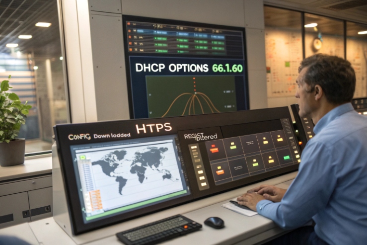 Network operations console displaying DHCP option 66 and HTTPS provisioning for SIP devices