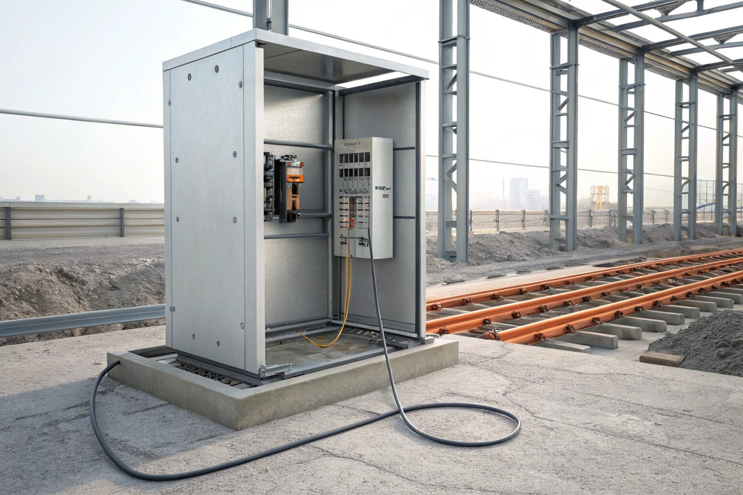 Outdoor equipment cabinet on a concrete pad near rail tracks, with internal control panel exposed and service cable connected