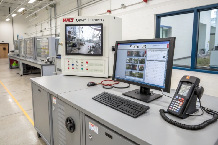 Test/lab bench photo showing “VMS Onvif Discovery” and “Profile S/t” on monitors with a desk phone for validation