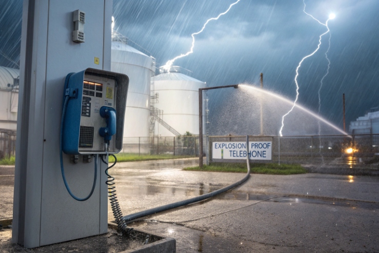 Explosion-proof telephone in heavy rain with lightning near oil tanks and fire water spray.