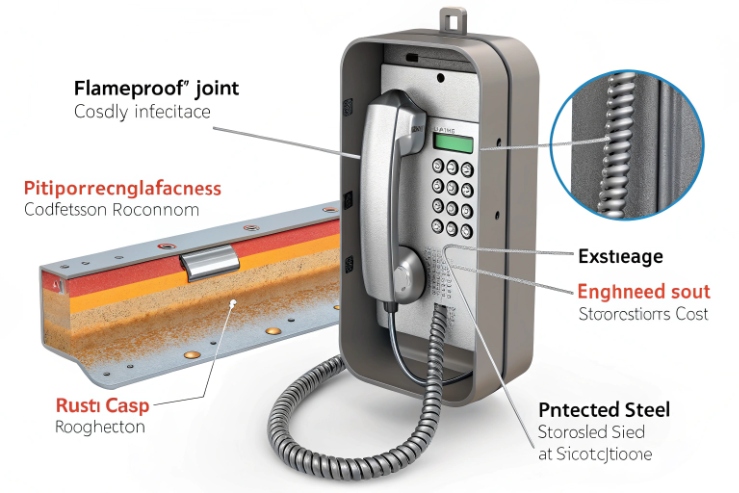 Flameproof industrial telephone cutaway showing protected steel housing and armored handset cord.