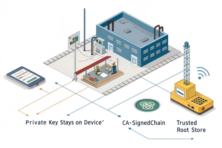 Certificate trust chain diagram with private key on device and CA-signed certificates