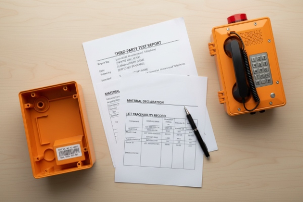 Third-party test report and material declaration beside orange SIP emergency telephone components