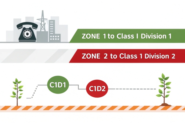 Hazardous area mapping graphic showing Zone 1 to Class I Division 1 and Zone 2 to Division 2.