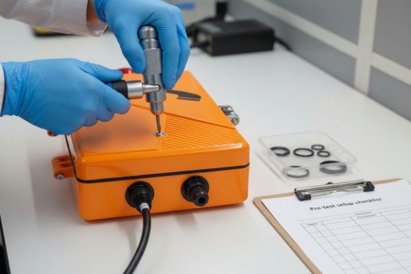 Engineer inspecting multiple orange waterproof SIP intercoms on production test bench