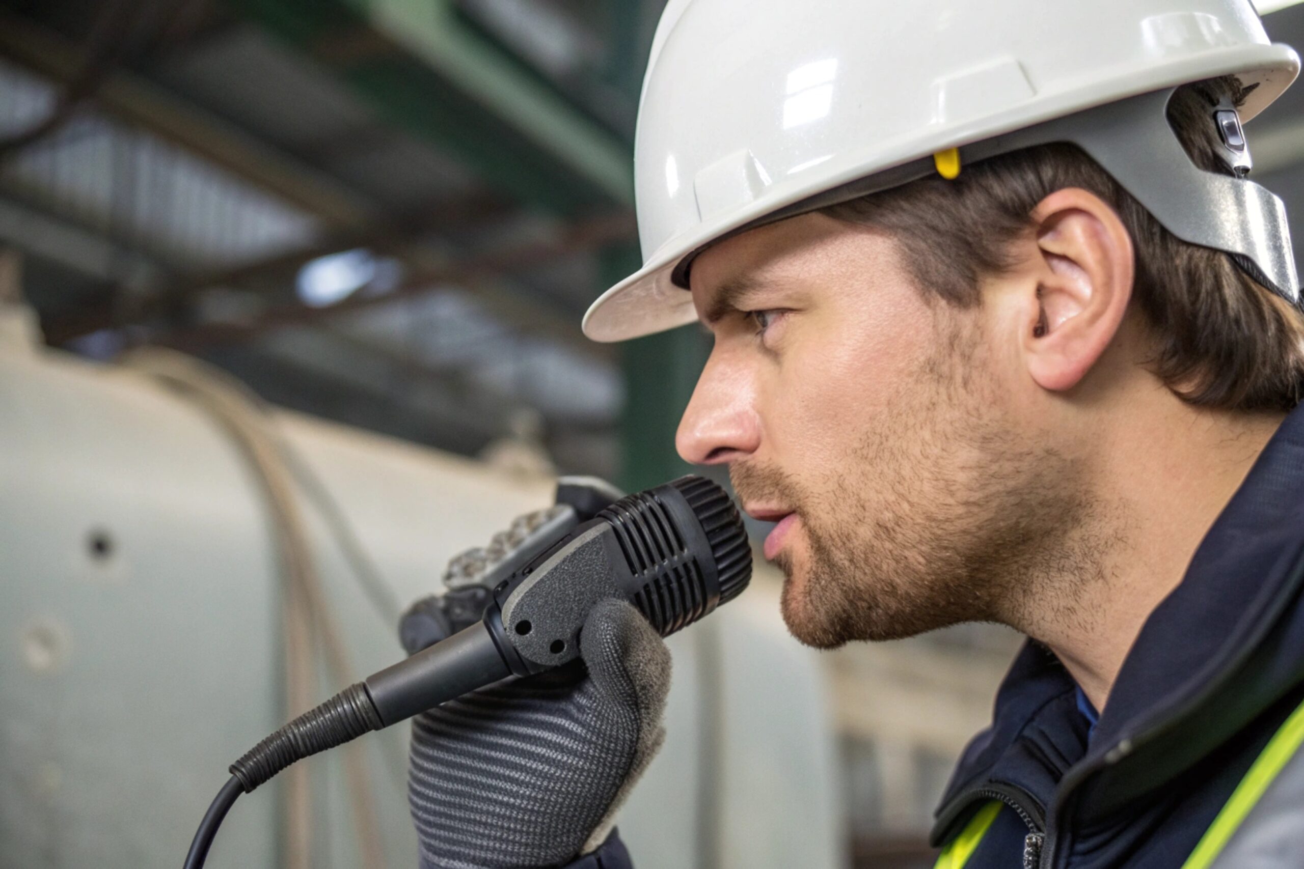 Factory technician speaks into push-to-talk microphone for industrial two-way communication