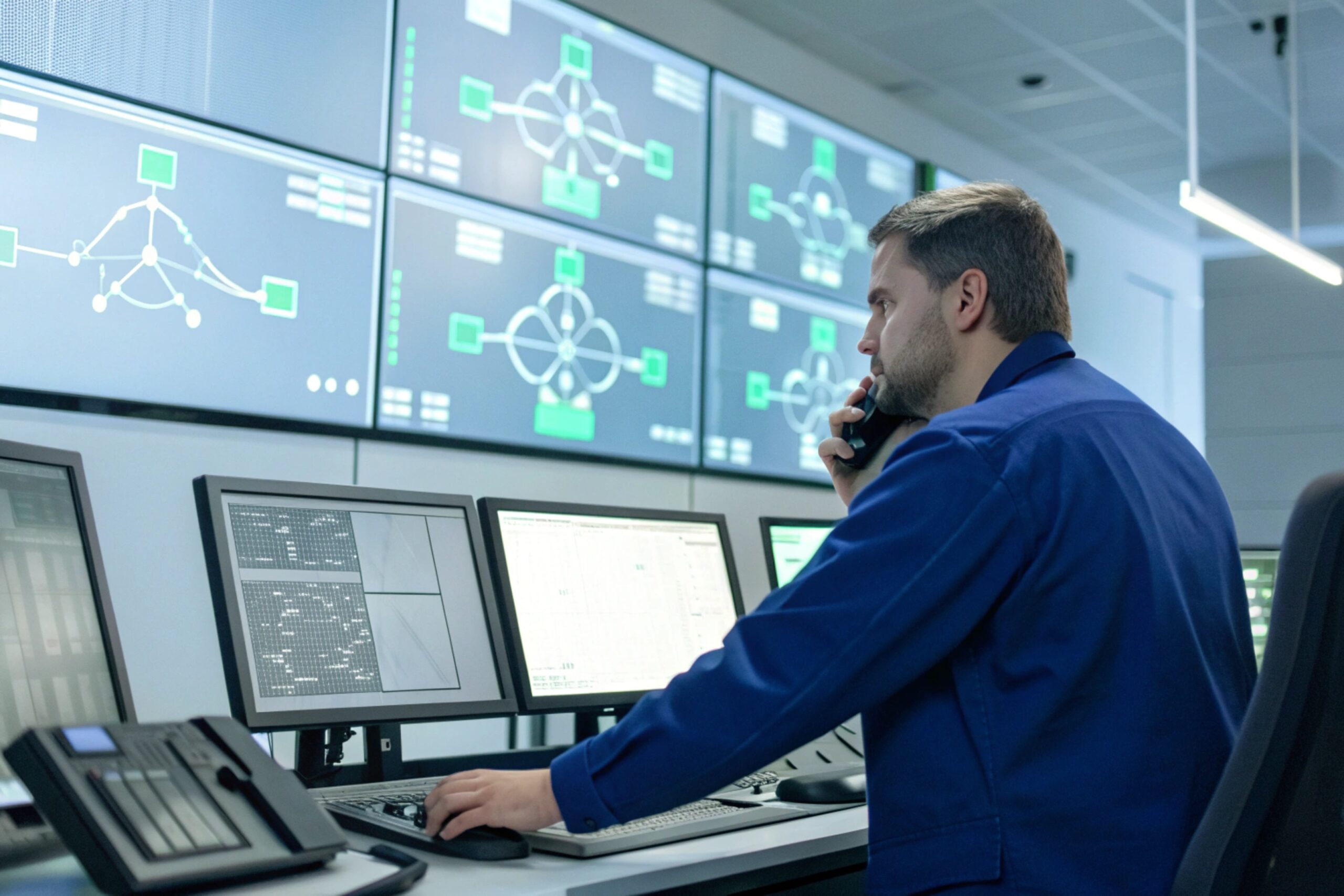 Control room operator coordinates incident response using VoIP phone and multi-screen monitoring system