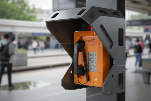 Protective hood enclosure shielding SIP emergency phone at public transit station